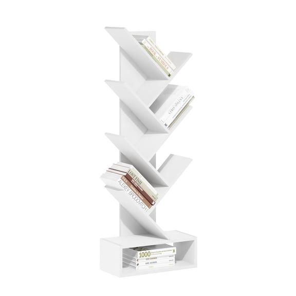 Furinno 7-Tier Tree Book Shelf with Bottom Shelf, White Bookshelf, Tree Bookcase, 8.4 x 16.9 x 46.2, for Living Room, Bedroom, Home Office, Plain White