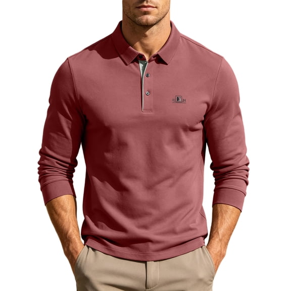 hoksml Men's Polyester Fabric Long Sleeve Collared Shirt, 3 Button Placket Small Chest Embroidery Solid Casual Daily Golf Top