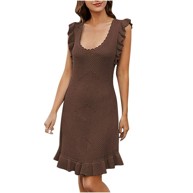 FAIWAD Robe d'Été Sans Manches en Tricot pour Femmes, Manches à Volants, Ajourée, Ajustée et Extensible