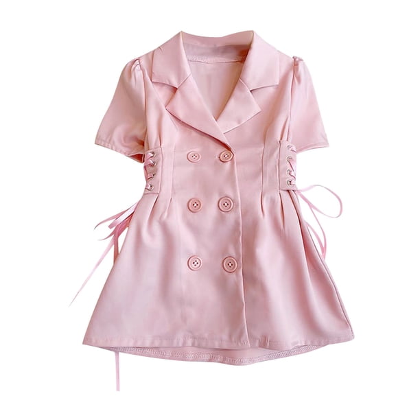 Odeerbi Niñas Verano Blazer Vestido Con Solapa de Muesca Vestido de Doble Pecho Gasa Princesa Vestido de Trabajo de La Oficina de Manga Corta Vestido de Traje