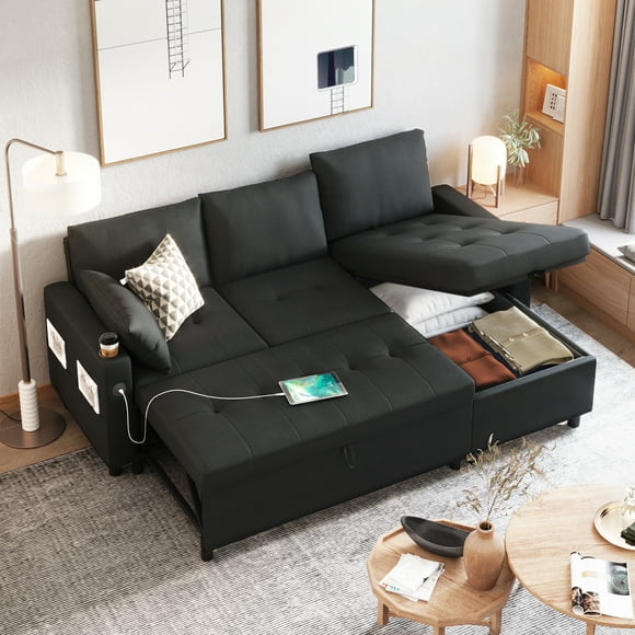 YODOLLA Canapé-Lit, Sofa-Lit 3 en 1 avec Fauteuil de Rangement, Canapé en L, Sectionnel avec Lit Escamotable Style Mi-Siècle Moderne pour Salon en Liquidation, Canapé-Lit Confortable Noir