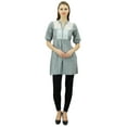 thumbnail image 4 of Bimba Women's Solid Pattern Lace Tunic Top 3/4 Puff Sleeve Short Cotton Kurti, 4 of 9