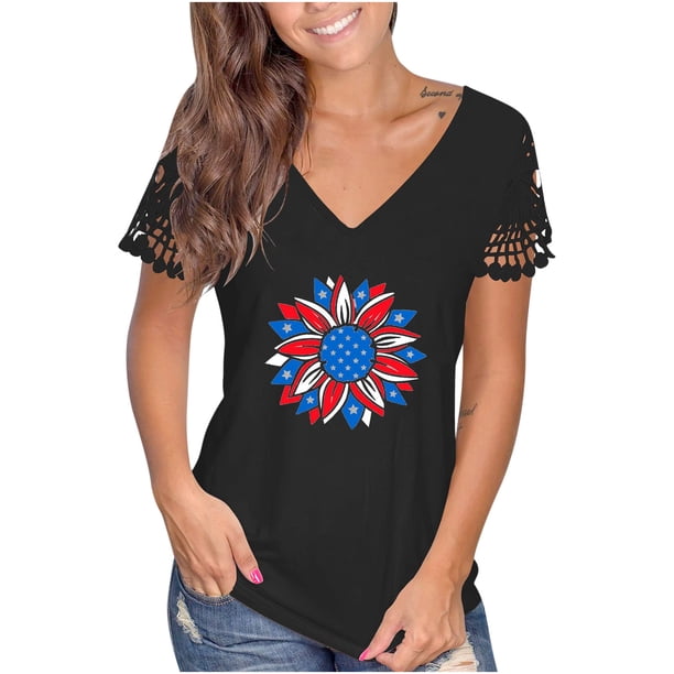 Blusa de manga corta de encaje informal con cuello en V de verano para mujer Fridja bn8043