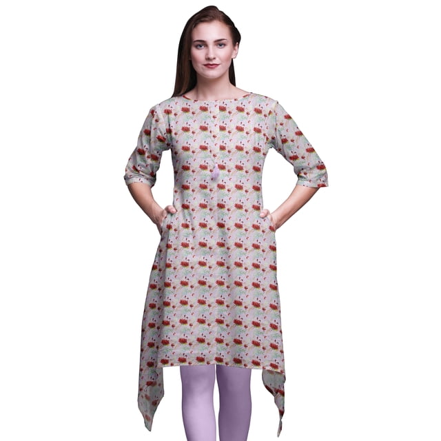 Bimba Hauts Imprimés Feuilles Violettes & Lotus pour Femmes Kurti Asymétrique Robe d'Été pour Filles TG