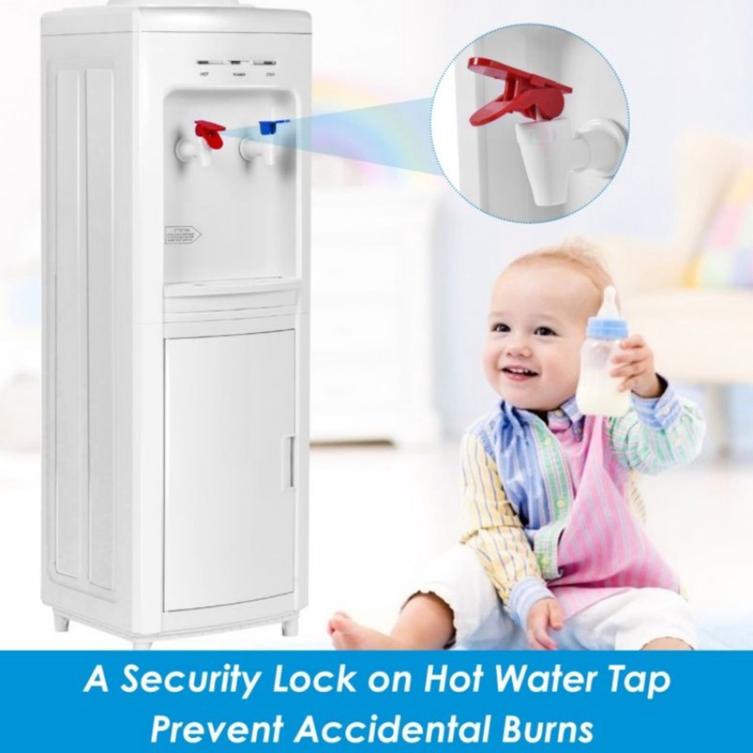 5 Gallons Top Loading Hot and Cold Water Cooler Dispenser with Child Safety Lock LED Indicator and Storage Cabinet for Home Office