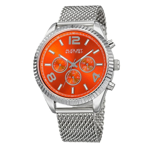 Men's Swiss Quartz Multifunction Dual Time Stainless Steel Orange Bracelet Watch