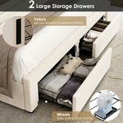 Homfa King Size LED Bed Frame with 2 Drawer Storage, Wingback Platform Bed with Velvet Upholstered Headboard, Off-White