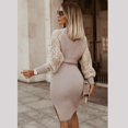 thumbnail image 3 of Surplice Neck Lace Long Sleeve Tie Waist Ribbed Knit Slit Dress, 3 of 3