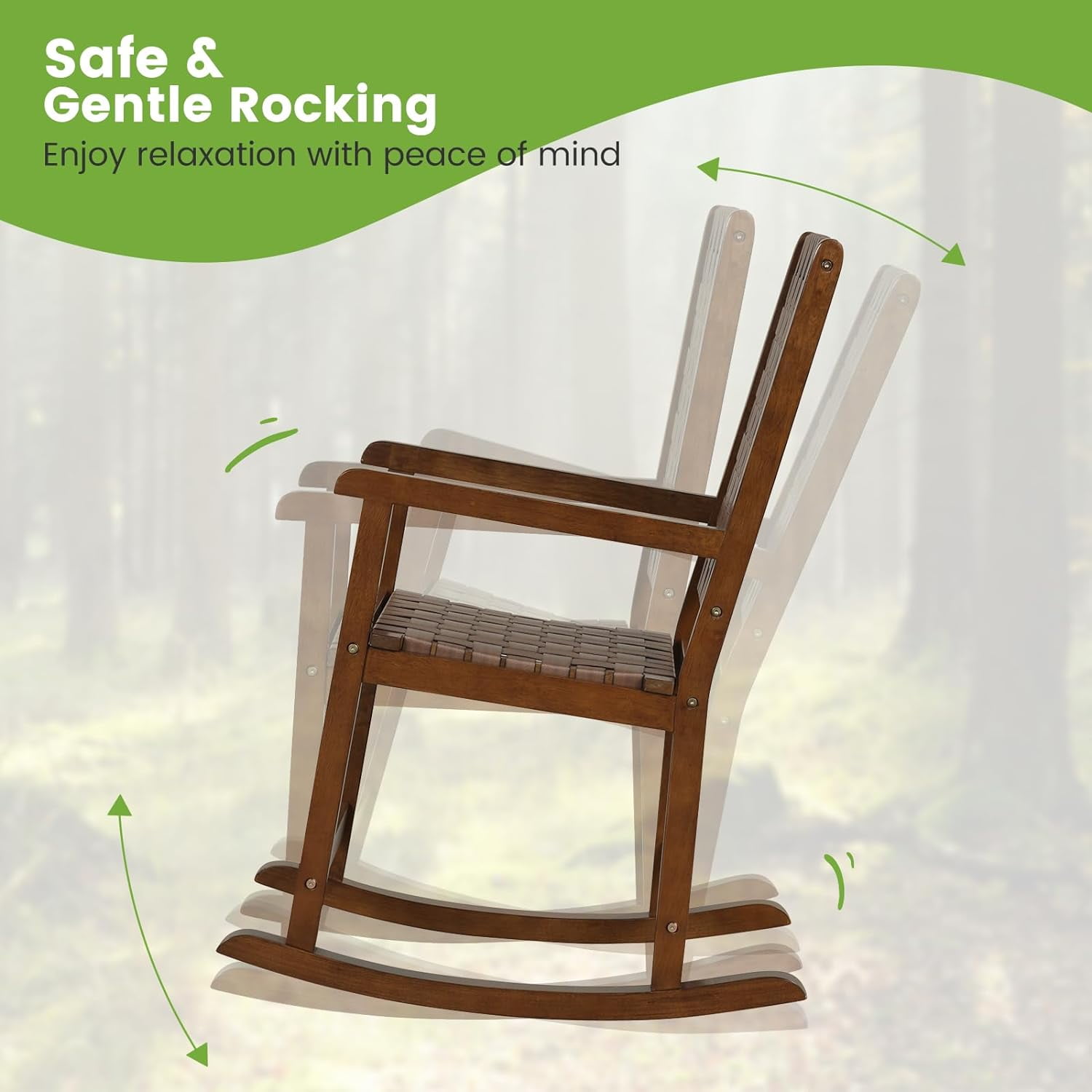 2PCS Wood Rocking Chair with PU Seat, Rubber Wood Frame, Indoor/Outdoor, Brown