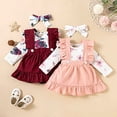 thumbnail image 3 of StylesILove Baby Toddler Girls Ruffle Long Sleeve Floral Bodysuit, Suspenders Skirt and Headband 3pcs Overall Dress Outfit (24 Months, Burgundy), 3 of 8