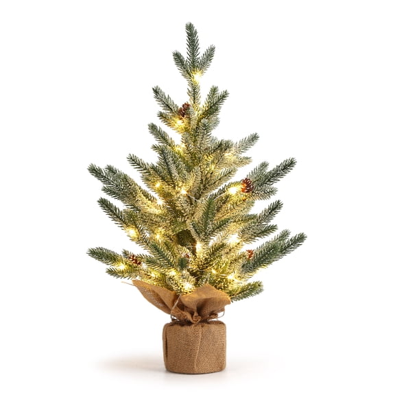 24 Inch Table Top Christmas Tree,Pre-Lit Snow Flocked Artificial Xmas Tree with 50 Warm White LED Lights,Frosted Pine Artificial Tree for Home Table Centerpiece & Office Desk Holiday Decor