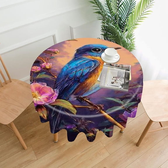 RKSupls 60 Inch Round Tablecloth, Bluebird Pink Flowers Premium Polyester Straight Edge Wrinkle Resistant Washable Table Cover for Party Home Dining Decor