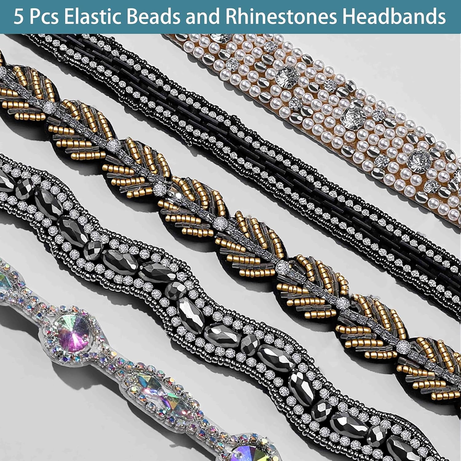 5pcs Elastic Rhinestone Beaded Headbands, Jeweled Head Bands for Women's Hair, Hair Headbands Hat Bands for Women Girls
