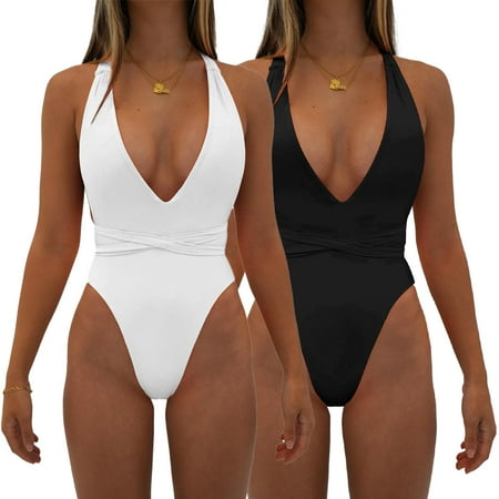 FJUCHAI Women Bikini Deep V Bathing Suit Backless Fashion Slim Swimsuits One Piece Solid Colours Swimwear for Womens