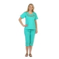 thumbnail image 2 of Unik Women's Short Sleeve Embroidered Floral Blouse and Matching Capri Set, Mint Size XL, 2 of 3