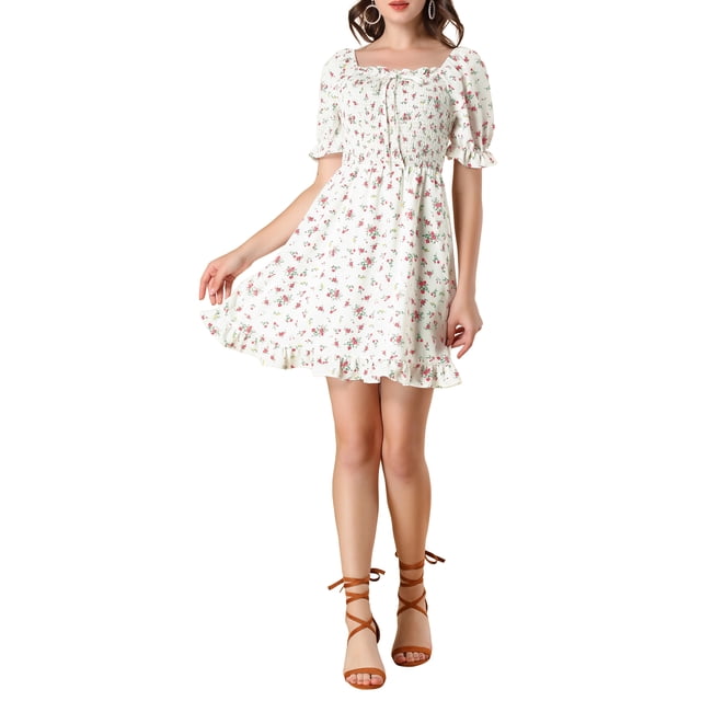 Vestido Floral con Mangas Abullonadas, Espalda Fruncida y Escote Corazón, Con Volantes, Talla XL, Blanco