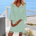 thumbnail image 2 of Staron Women's Casual Solid Jacquard Tassel V-Neck 3/4 Sleeve Dress Fashion Loose Party Vacation Boho, Mint Green S, 2 of 6