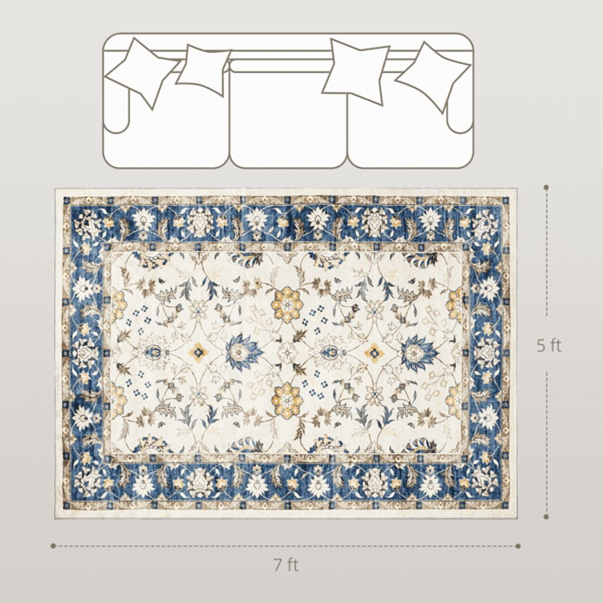 Area Rug 83.9"x59.8" Blue Flannel Soft Non-Slip TPR Backing Machine Washable Rug for Living Room Bedroom