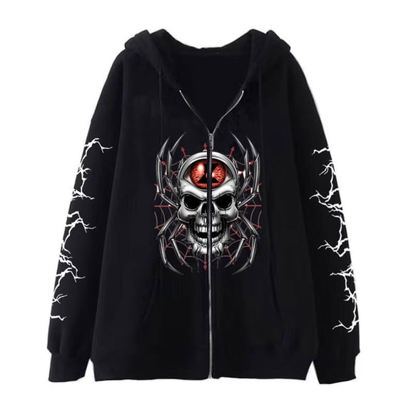 Gothic Skull Print Hoodie Y2K Harajuku Style Sweatshirt Unisex Oversized Casual Zip-Up Hooded Sweatshirt