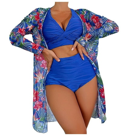 Virmaxy Womens Cover-Up Two Piece Swimsuit(With Bra Pads No Steel Bra) Striped Cross Criss High Waisted Tankini Bathing Suits Fashion Graphic Deep V Neck Conservative Swimsuit Blue XL