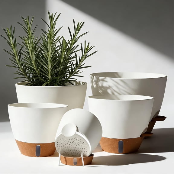 5 Pack Self Watering Pots, 5/5.5/6/6.5/7 Inch Plastic Flower Pots with Mesh Drainage Holes & Deep Reservoir, White Planters for Indoor Outdoor Garden