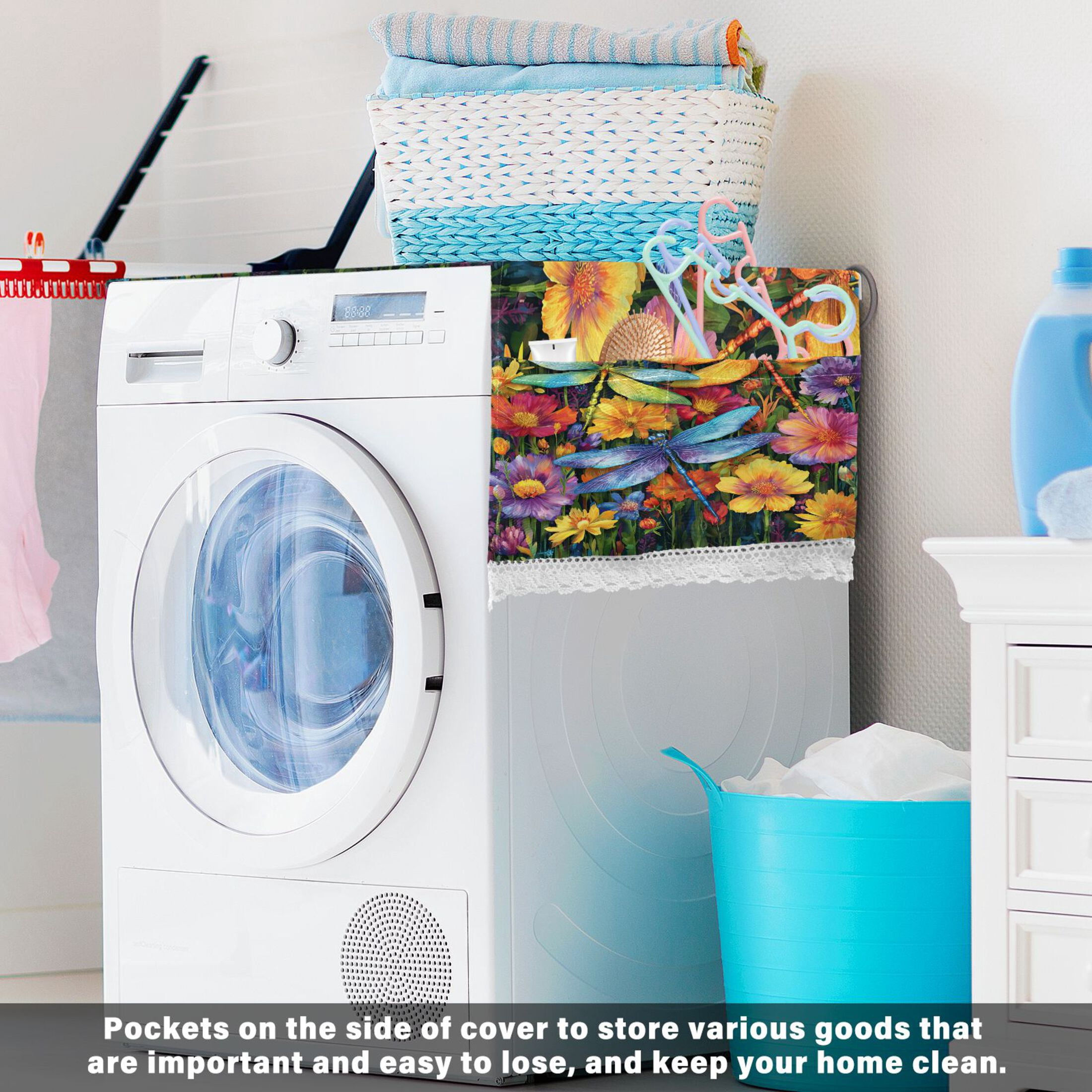 Wobogo Dragonfly Floral Breeze Washing Machine Cover Dustproof Washer Dryer Cover Waterproof Laundry Room Decorative Protector