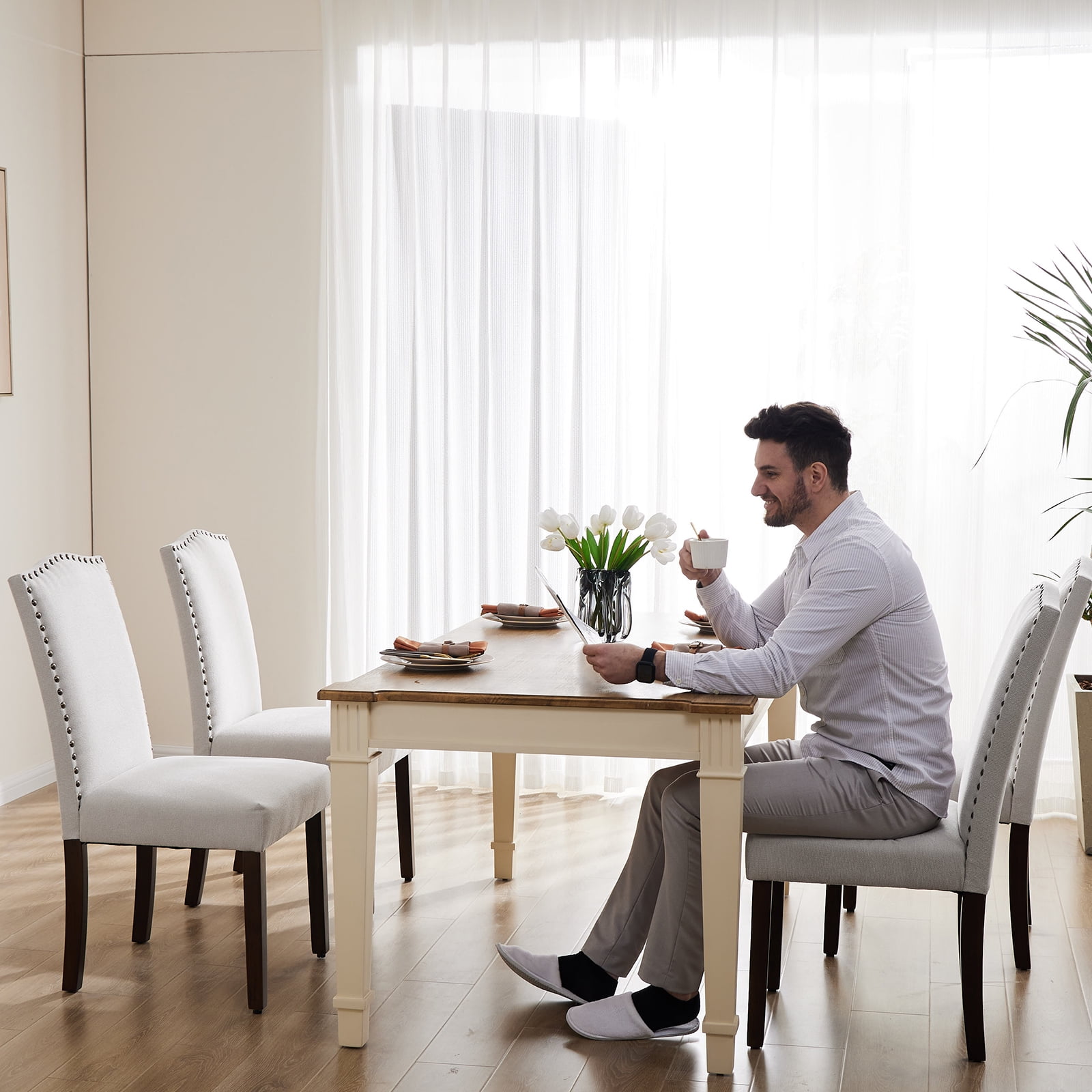 Gianna Dining Chairs Set of 2, Upholstered Fabric Dining Room Chairs with Wood Legs and Nailhead Trim, Mid-Century Style, Beige