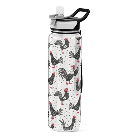 1000ml Clear Water Bottles with Handle and Locking Lid Quality Tritan Sport Bottle Straw for Gym Travel Black Rooster Printed