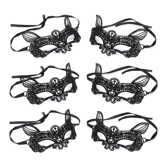 Unique Bargains 6Pcs Halloween Masquerade Lace Eye Mask Set Black Cat Head 6.3" x 3.1"