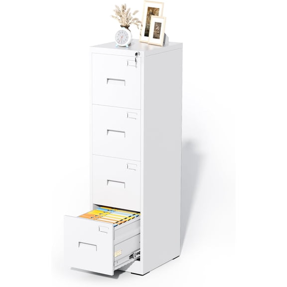 MISSUNNY 4-Drawer Vertical File Cabinet with Lock, Heavy-Duty Steel Storage for Legal/Letter/A4 Files, Home Office, White