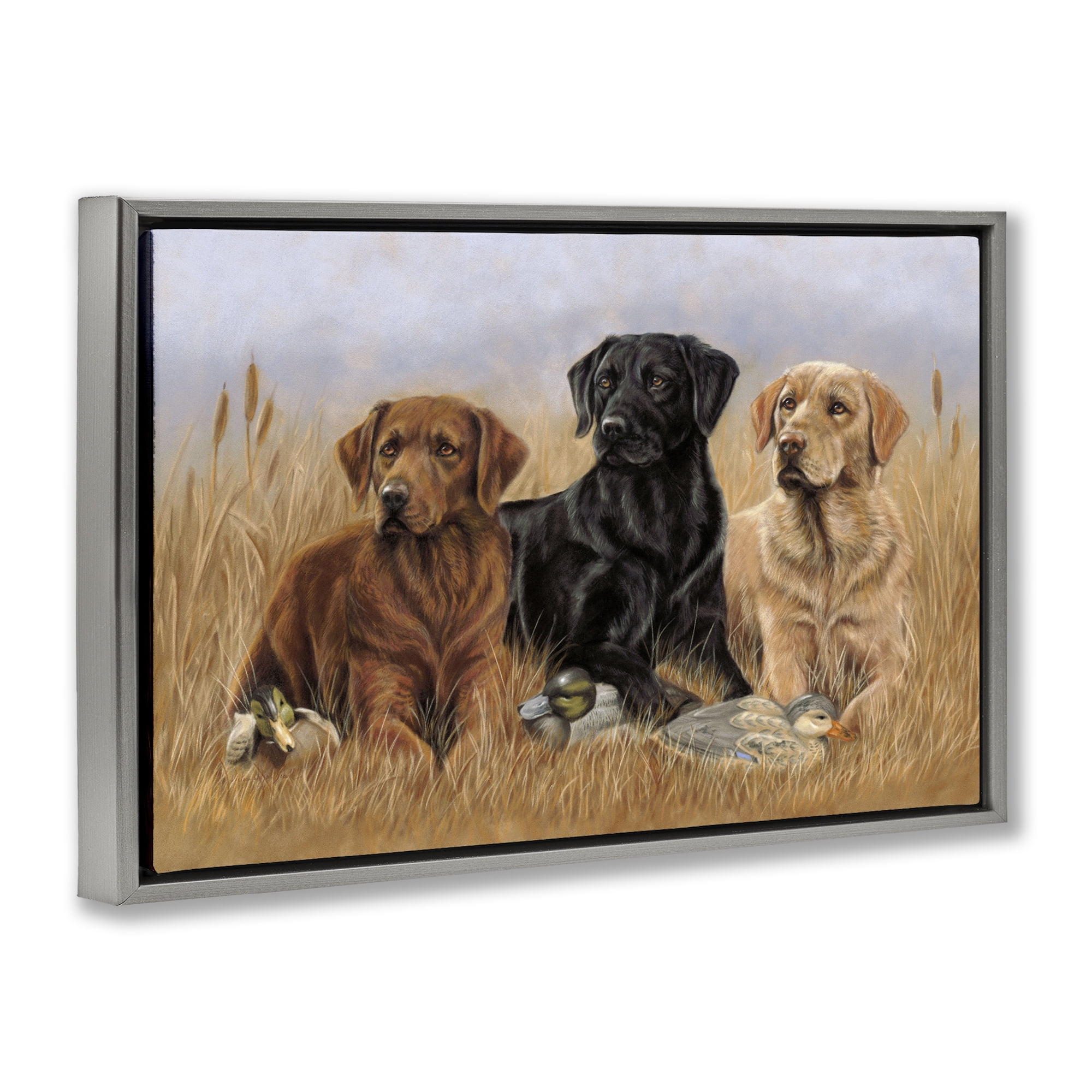 Stupell Industries Dog Trio & Ducks Animals & Insects Painting Gray Floater Framed Canvas Art Print Wall Art, 31 x 21