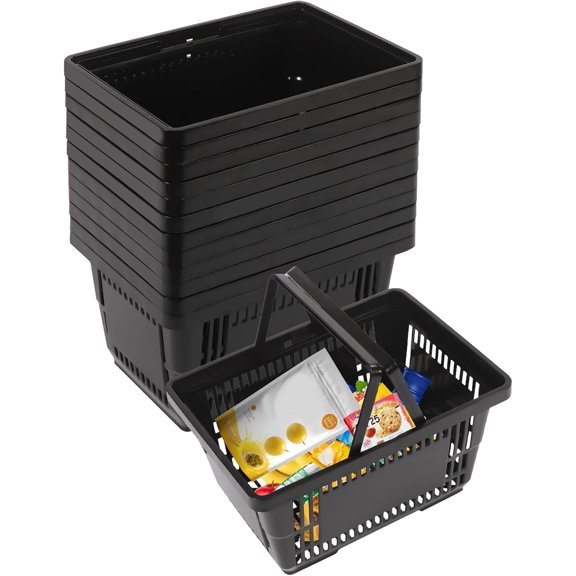 12PCS Shopping Baskets with Handles, Black Plastic Shopping Basket Set, 21L Portable Grocery Baskets with Handles, Grocery Shopping Basket Set for Stores, Supermarket, Retail,Shopping Carrying