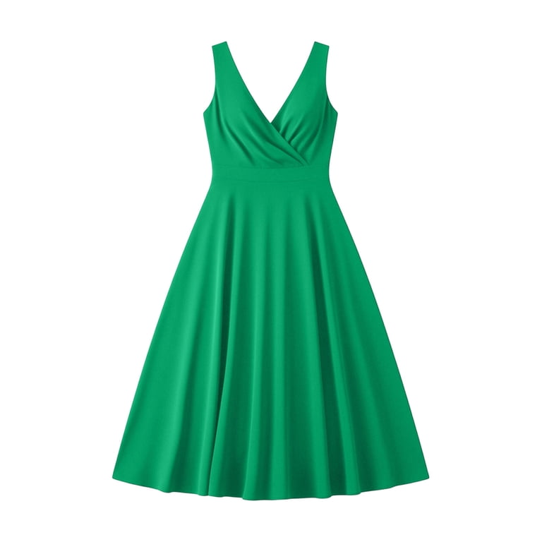 BRGZLK Cocktail Midi Dresses for Womens Summer Solid Color Elegant Empire  Waist Ruched V Neck Sleeveless Swing A-Line Dress for Wedding Green M -  Walmart.com