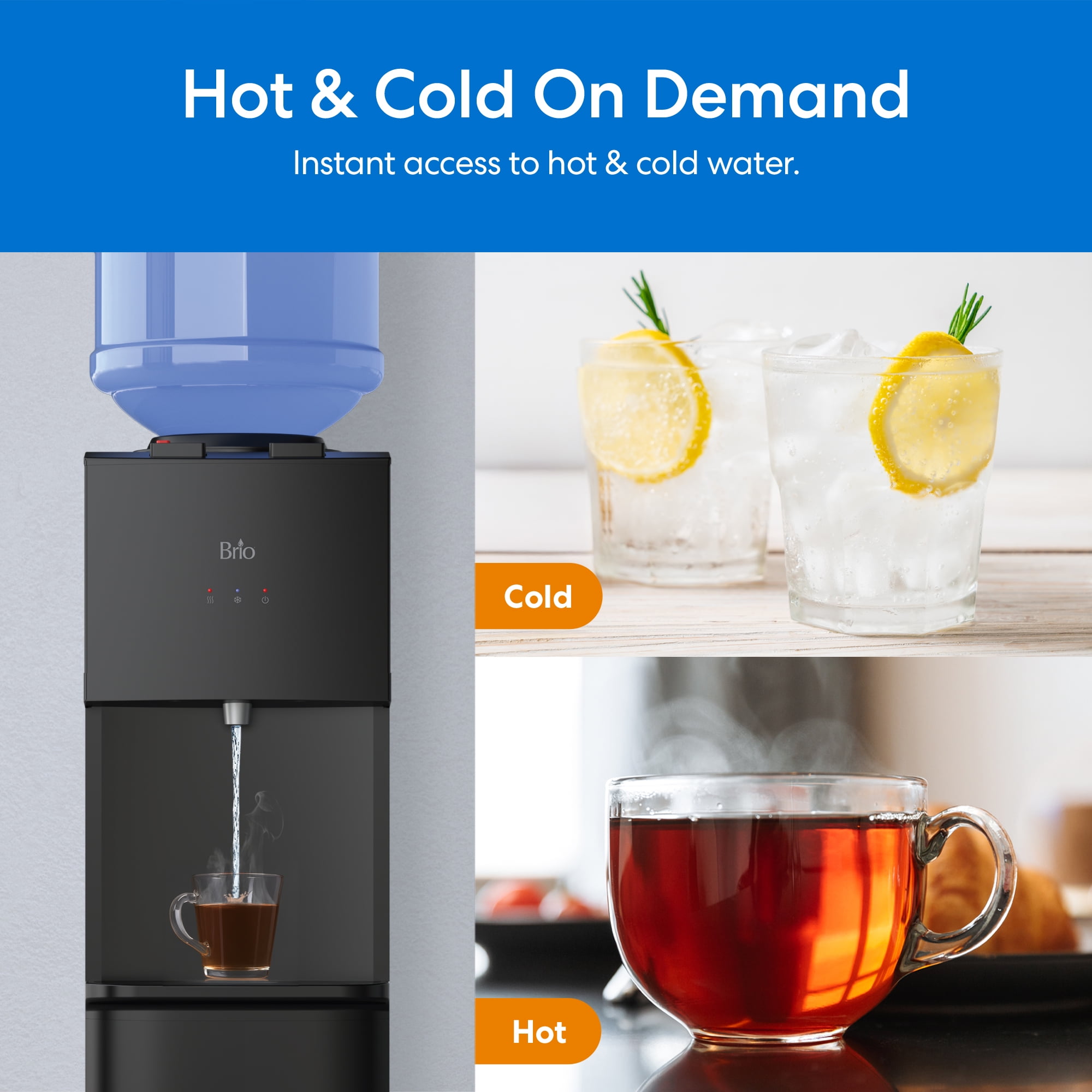 Brio 530 Top Load Hot & Cold Water Dispenser with LED Indicator Lights, 3 & 5 Gallon Capacity, Black