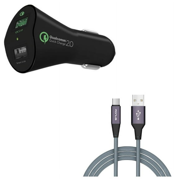 Charger Cord Type-C 6ft USB Cable w 2-Port USB 30W Fast Car Charger W8E for LG G7 ThinQ, G Pad X II 10.1, Stylo 5 4 Plus - Microsoft Surface Go (10"), Lumia 950 - Motorola One, Moto Z4 Z3 Play