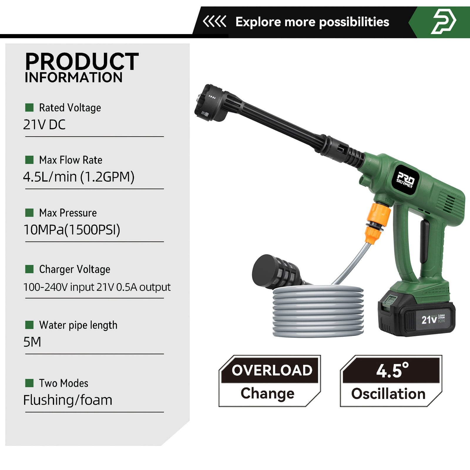 Power Pressure Washer, 1.2GPM Cordless Portable Washer with 2PCS 3000 mAh Battery, 6-in-1 Nozzle, Foam Pot, 16.4Ft Water Pipe for Cleaning & Watering