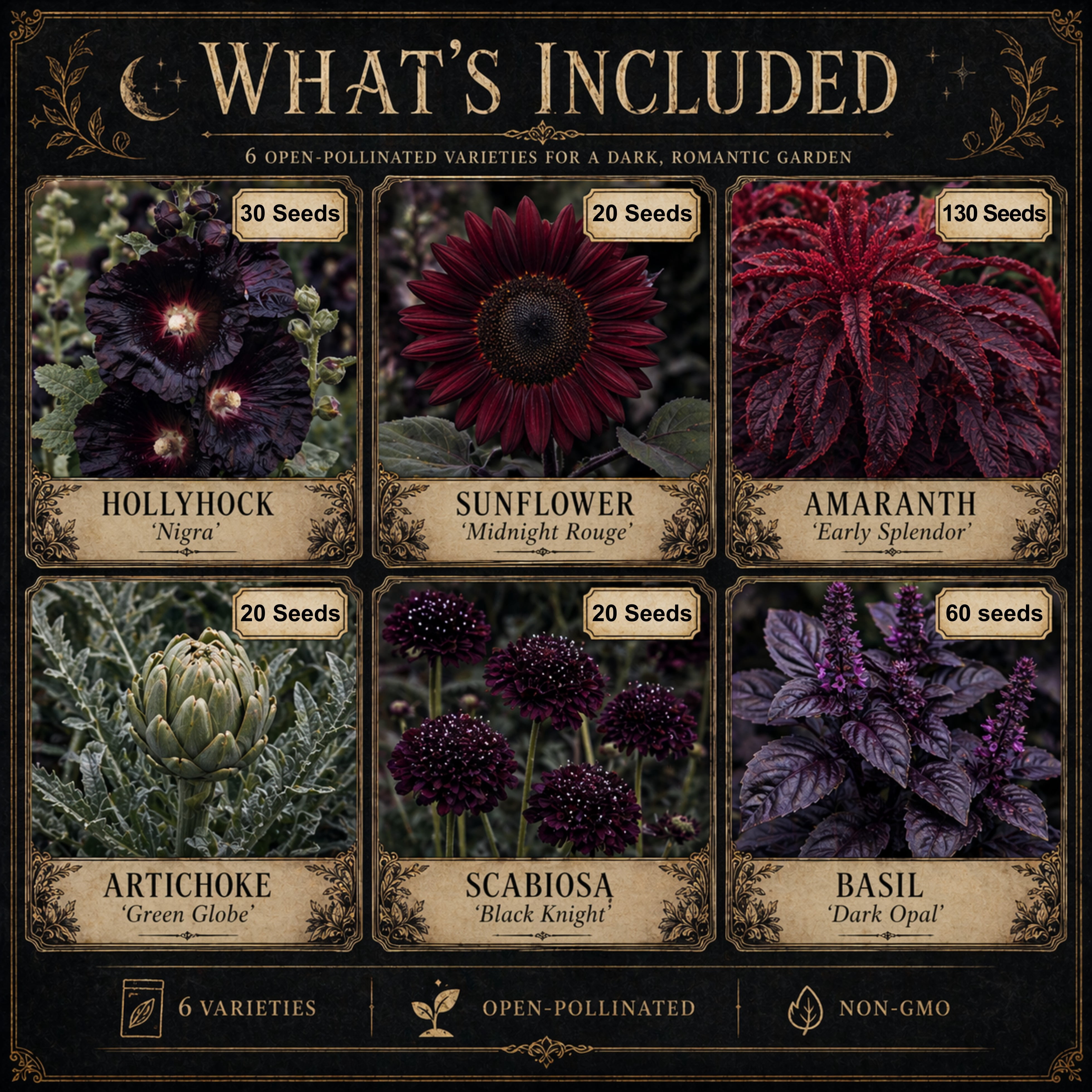 Ravens Hollow Garden Gothic Garden Seed Collection, 6 Open-Pollinated Flower & Foliage Varieties