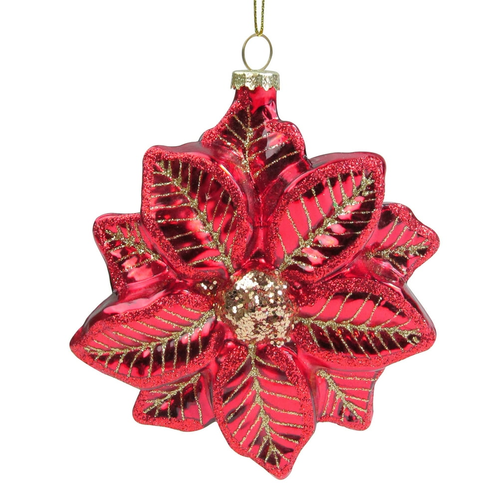 5" Red and Gold Glittery Poinsettia Glass Christmas Ornament Walmart