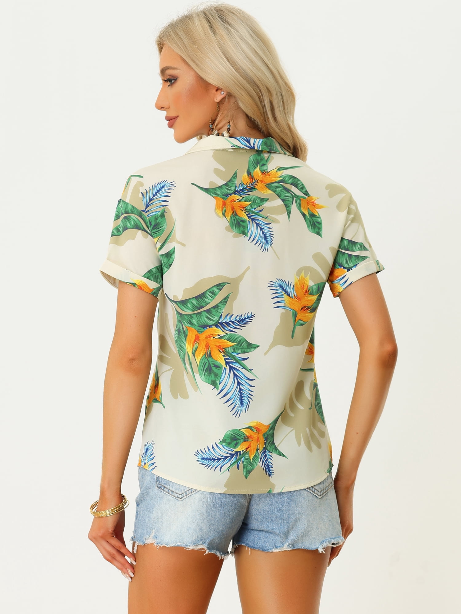 DARING DIVA Floral Leaves Print Short Sleeve Beach Top XS Beige
