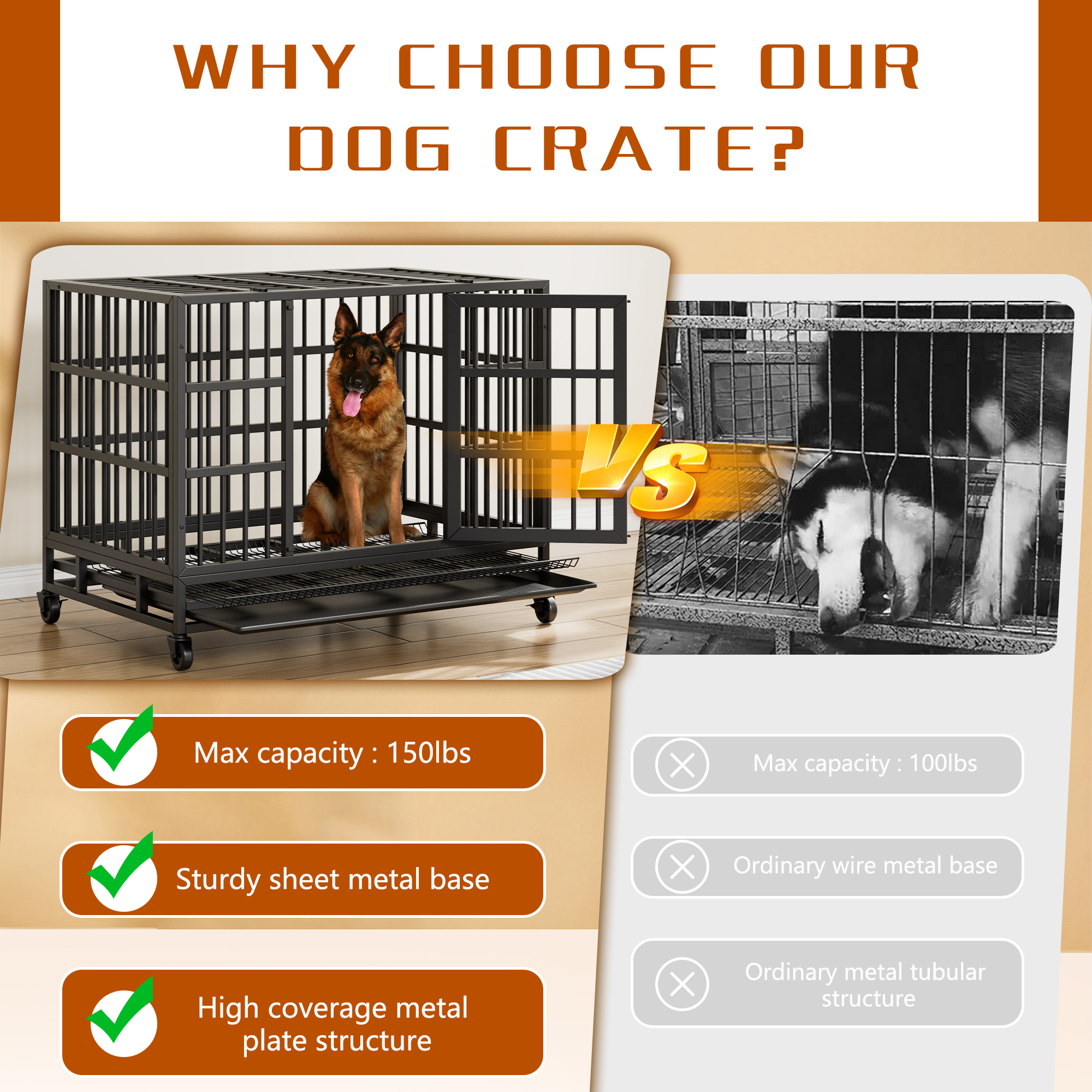 48" Heavy Duty Stainless Steel Dog Cage with Double Doors Divider Panel & Removable Tray for Indoor Outdoor Black