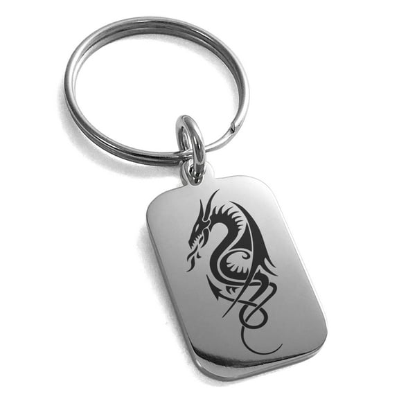 Stainless Steel Horned Dragon Engraved Small Rectangle Dog Tag Charm Keychain Keyring