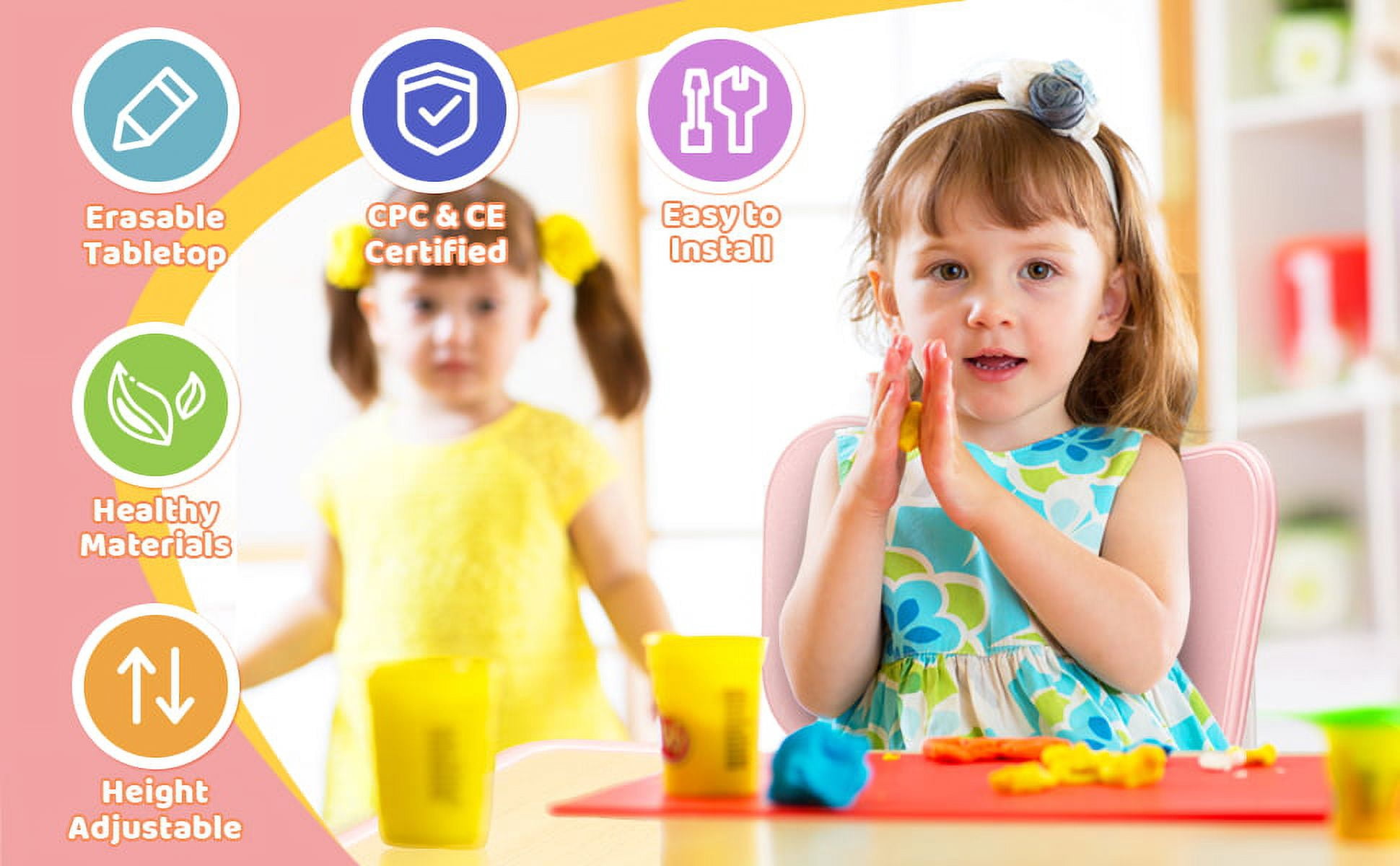 FUNLIO Kids Table and 2 Chairs Set Pink, Height Adjustable Toddler Table and Chair Set for Ages 3-8