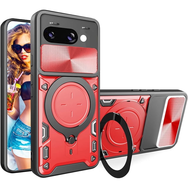 MYKOMI for Google Pixel 9a 6.3" Armor Case with Magnetic Ring Kickstand, Rugged Military Grade Shockproof Case with Slide Camera Lens Cover for Google Pixel 9a