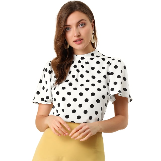 INSPIRE CHIC Blusa Corta Manga Acampanada Ojo De Cerradura En La Espalda Plisado Cuello Alto Lunares Top Para Mujer Blanco Negro L