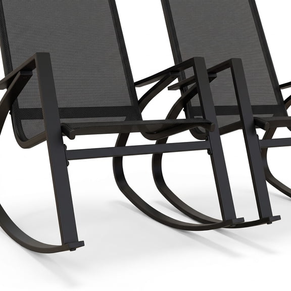 Furnibear Patio Rocking Chairs Set of 2 with Ergonomic Sling Backrest and Circular Metal Frame for Balcony and Poolside, Black