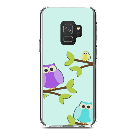 DistinctInk Clear Shockproof Hybrid Case for Samsung Galaxy S9 (5.8" Screen) - TPU Bumper, Acrylic Back, Tempered Glass Screen Protector - Blue Purple Yellow Owls - Cartoon Owls