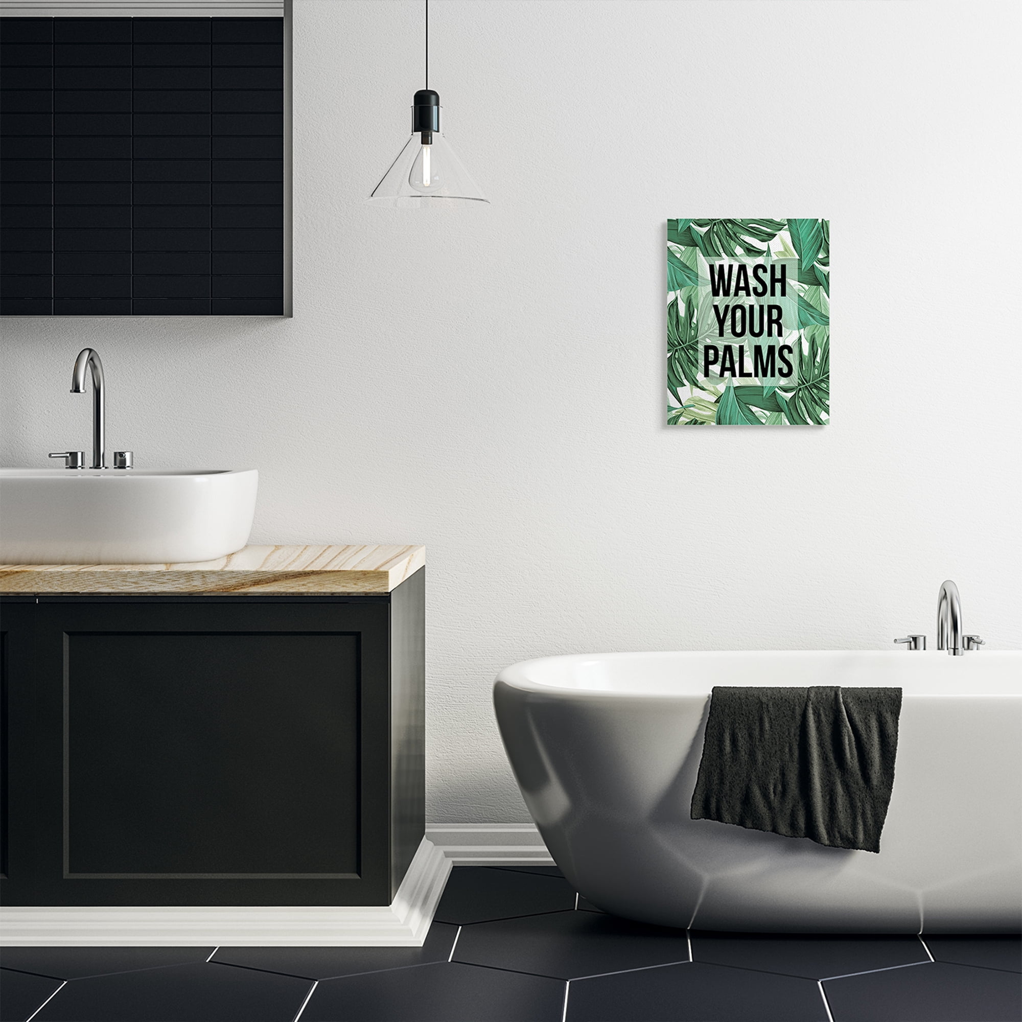 Stupell Industries Wash Your Palms Bathroom Phrase Green Plant Leaves Inspirational Painting Gallery Wrapped Canvas Art Print Wall Art, 16 x 20