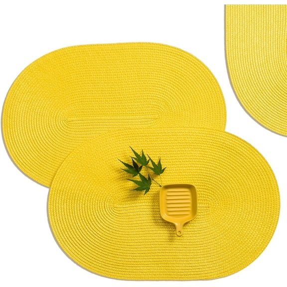 Set of 6 18x12 inch oval yellow woven placemats washable heat resistant non-slip vinyl table mats