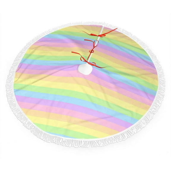 Pastel Rainbow Striped Christmas Tree Skirt Tassel Lace for Xmas Ornaments Decoration 30"