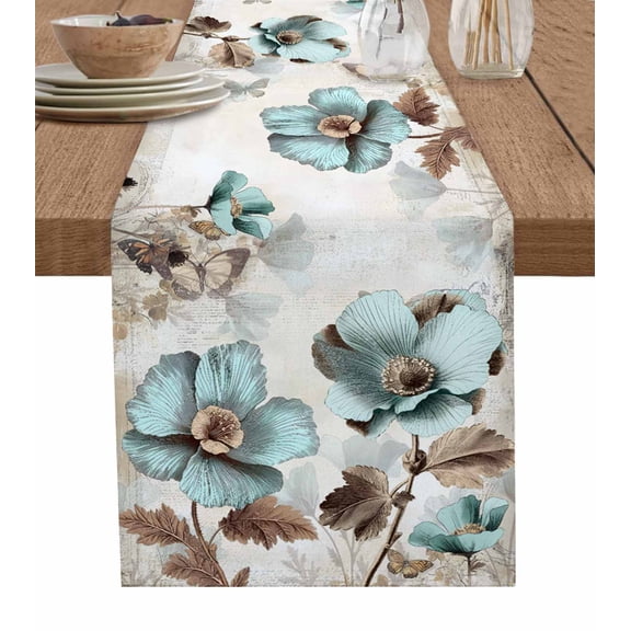 Ldtrchee Retro Mallow Flowers Table Runner 36 Inches, Spring Floral Butterfly Elegant Bed Runner Dresser Scarves Tabletop for Indoor Outdoor Parties/Ceremony/Banquet, 13"x 36"